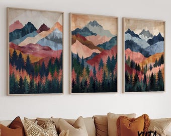 Bunte Berge Wand Kunst 3er-Set Prints, Mid Century Modern Landschaft Poster, Abstrakte Wald Dekoration