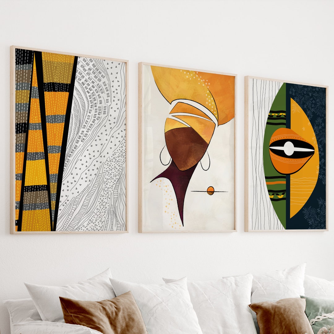 Abstract African Wall Art Set of 3 Prints. Modern African American Art