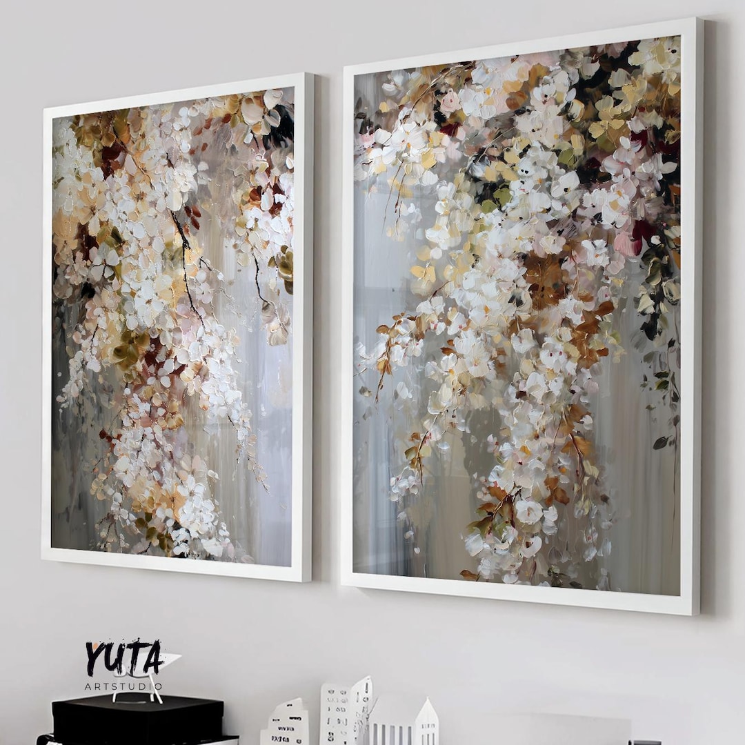Abstract Floral Wall Art Set of 2, Neutral Botanical Painting, Beige ...