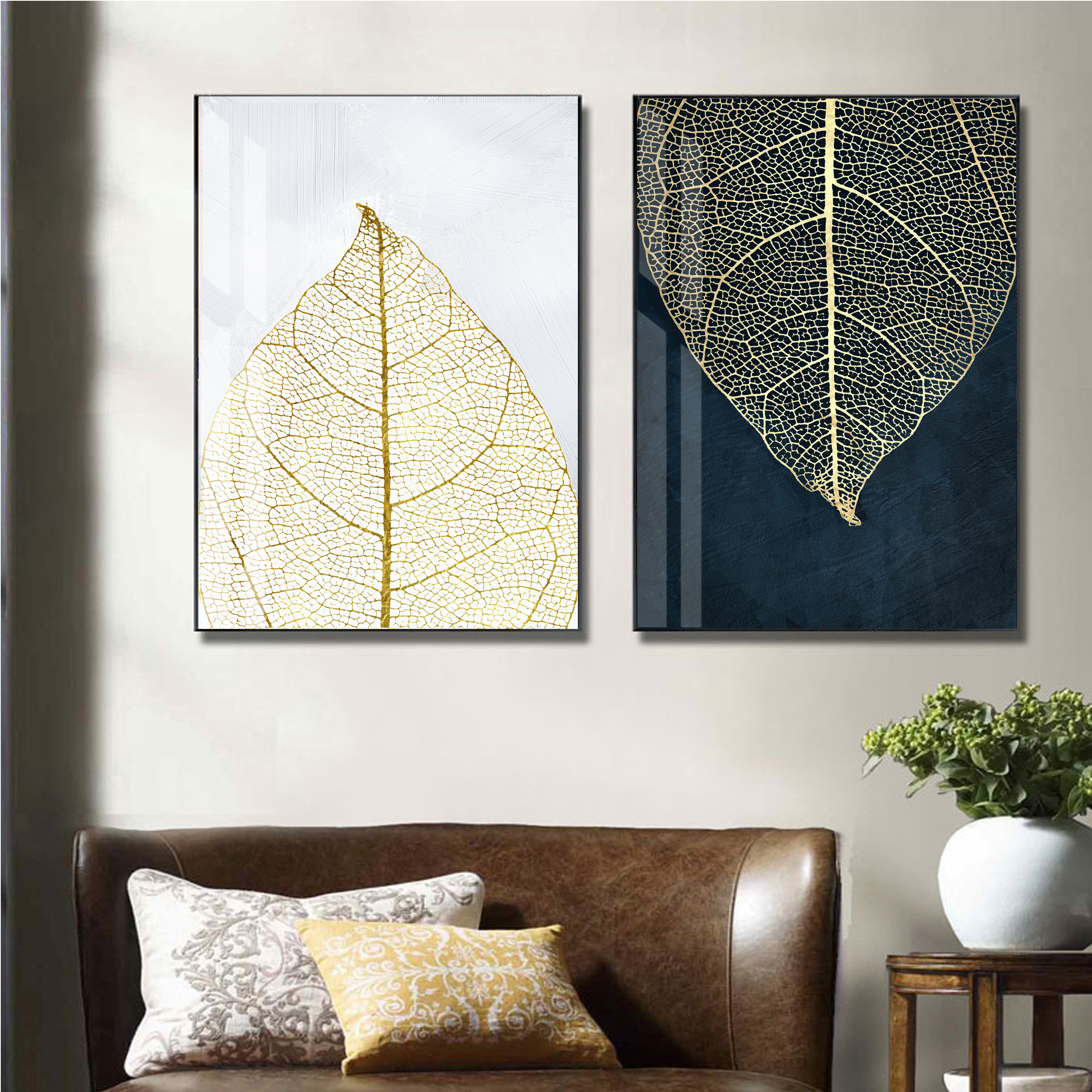 Black and gold leaves print Set of 2 Wall Art prints | Etsy