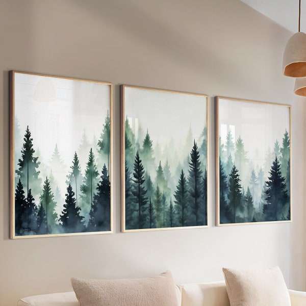 Blue green foggy pine trees, mountain forest set of 3 prints. Nordic wall art, watercolor pine trees, mountain foggy nature wall art