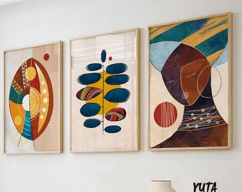 African Modern Wall Art Set of 3, Abstract Tribal Prints, Contemporary Boho Gallery Wall Decor