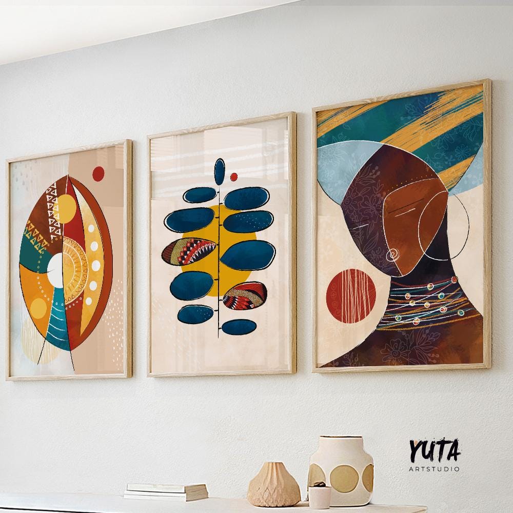 Moderne Сolorful afroamerikanische Kunst 3er-Set Print. Abstrakte ethnische schwarze Frau-Galeriewand-Set. Zeitgenössische Minimalistische Über Bett Dekor