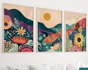 Bunte Berg Wand Kunst 3er-Set Druck, Moderne Japandy Wandkunst, Abstrakte Natur Druck, Eklektische Blumen Sonnenuntergang Wald Wildblumen Druck
