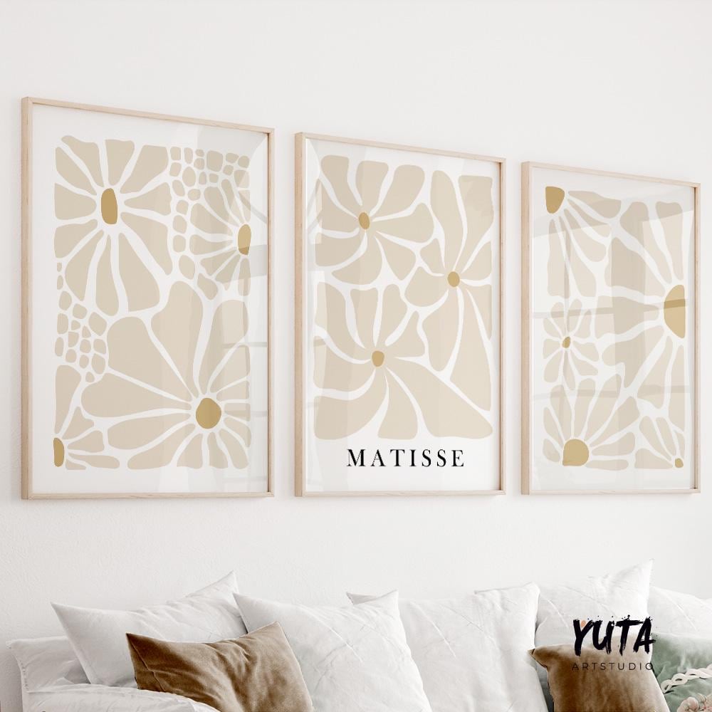 Neutral Beige Matisse Flower Set of 3 Print. Light Floral Minimalist ...