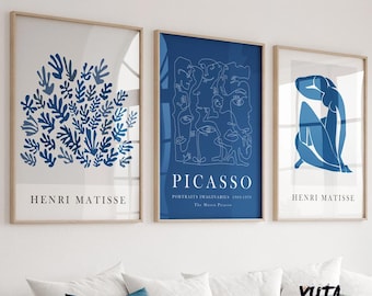 Juego de 3 impresiones en azul marino de Matisse y Picasso. Juego de galería de pared de estilo minimalista neutro de mediados de siglo, carteles vintage de moda.
