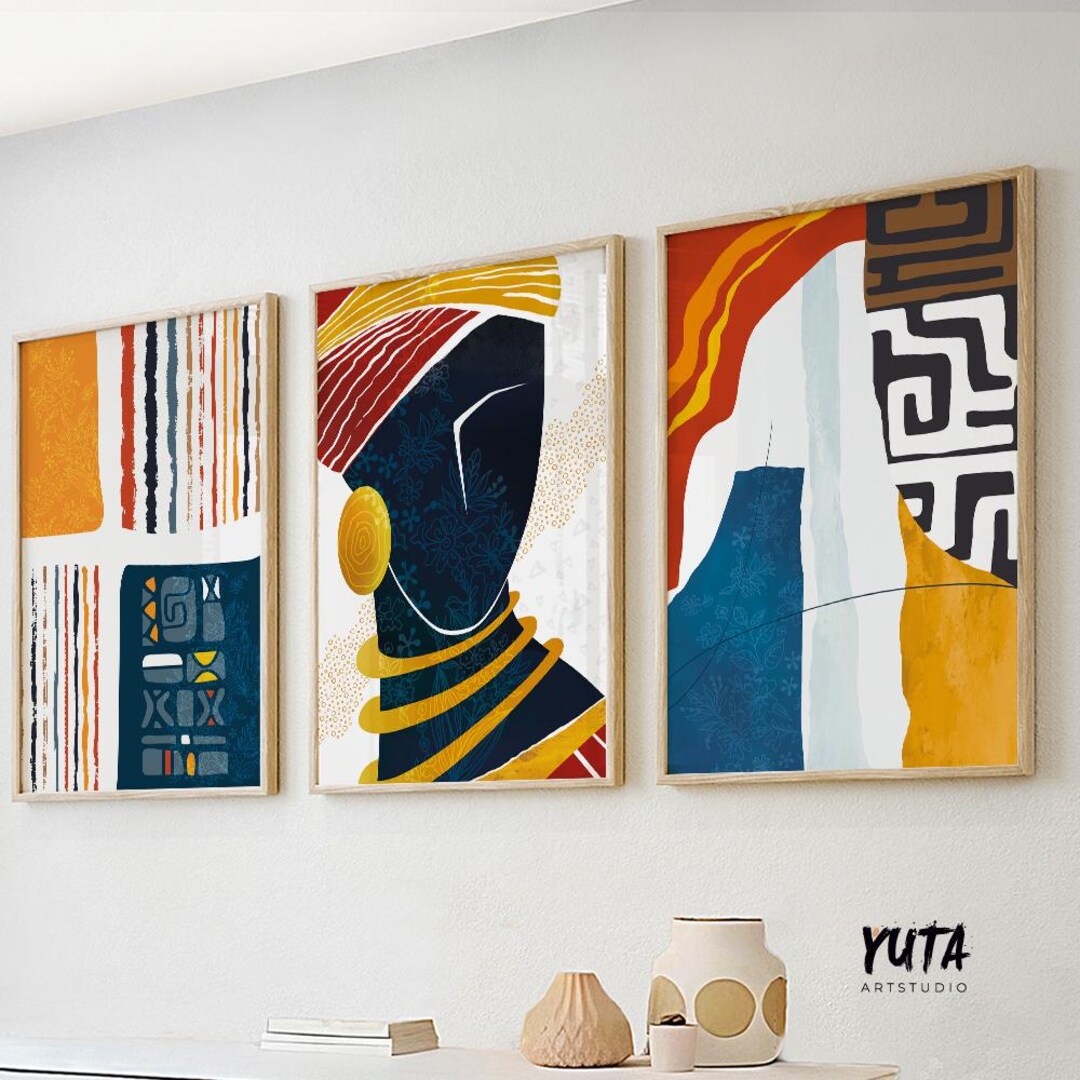 African Abstract Gallery Wall Set of 3 Prints, Black Woman Portrait ...