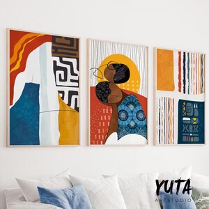May include: Three abstract art prints featuring geometric shapes and patterns in shades of red, orange, yellow, blue, and white. The central print depicts a stylised portrait of a person with a blue patterned design.