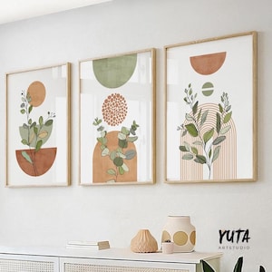 Terracotta green boho gallery wall set of 3. Mid century modern neutral wall art poster. Bohemian livingroom, above bed large prints