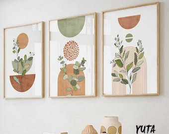 Terracotta green boho gallery wall set of 3. Mid century modern neutral wall art poster. Bohemian livingroom, above bed large prints