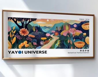 Yayoi Kusama Print Inspired Abstract Mountains Poster, Wide Narrow Colorful Japandi Wall Art, Floral Sunset Print, Japanese Wall Art