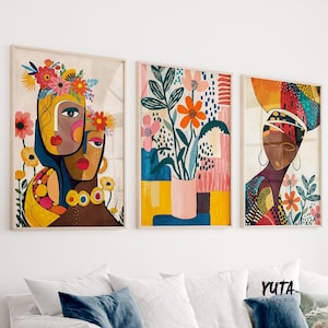 Colorful boho african wall art set of 3 prints. Modern ethnic africa nature posters. Aesthetic room decor, large above bed decor