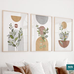 Terracotta grey boho gallery wall set of 3 prints. Mid century modern neutral wall art poster. Bohemian livingroom, above bed large prints