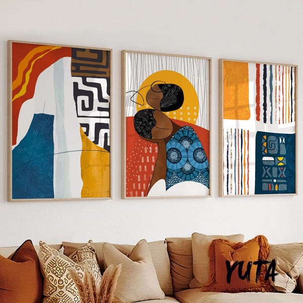 African wall art set of 3 print. Modern abstract black people art, ethnic gallery wall set