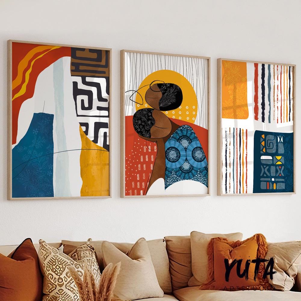African american art set of 3 print. Abstract black woman art, ethnic gallery wall set Modern colorful minimalist above bed african wall art