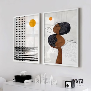 Mid century modern neutral african american art set of 2. Contemporary livingroom abstract black woman gallery wall set, above bed decor