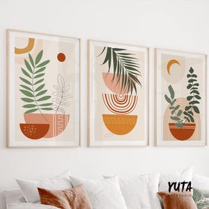 Terracotta beige boho print set of 3. Mid century modern neutral wall art posters. Bohemian livingroom, above bed large gallery wall art