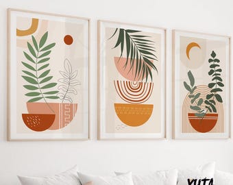Juego de 3 láminas bohemias en beige terracota. Pósteres de arte mural neutro de mediados de siglo. Sala de estar bohemia, sobre la cama, gran galería de arte mural.