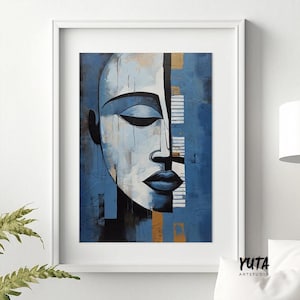 Moderne marineblauwe grijze abstracte schilderkunst. Hedendaagse Afro-Amerikaanse kunst. Abstract vrouwenportret, minimalistisch woonkamerdecor