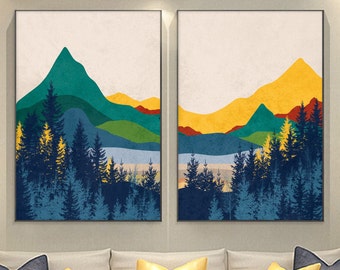 Vibrant mountain prints set of 2. Colorful scandinavian wall art, Abstract nordic landscape print. modern aesthetic room decor