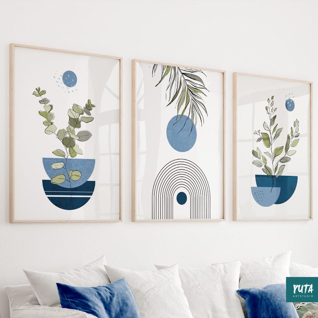 Navy Blue Boho Abstract Wall Art, Set of 3 Prints. Mid Century Modern ...