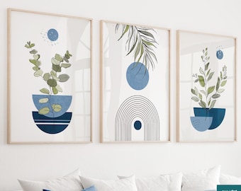 Navy blue boho abstract wall art, set of 3 prints. Mid century modern botanical posters