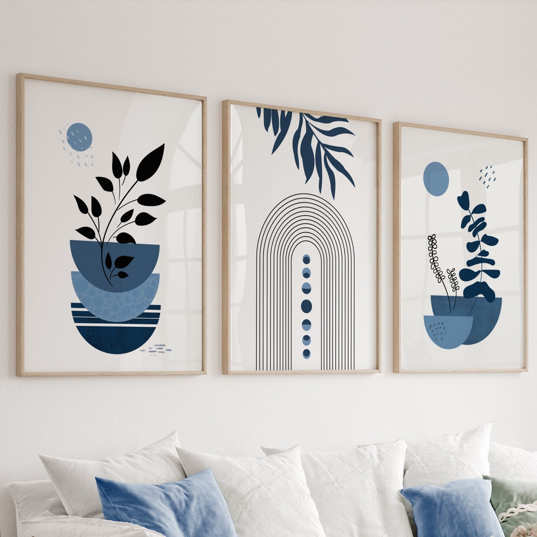 Navy Blue Boho Prints Set of 3 Piece, Mid Century Modern Neutral ...