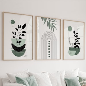 Sage green boho wall art set of 3 print. Mid century modern minimalist wall art. Botanical gallery wall set for bedroom nature wall decor