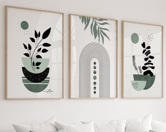 Salbeigrünes Boho Wandkunst Set mit 3 Drucken. Moderne minimalistische Wandkunst aus der Mitte des Jahrhunderts. Botanische Galeriewand-Set für Schlafzimmer Natur-Wanddekor