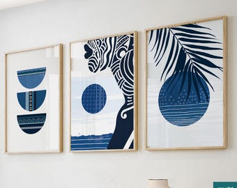 Navy Blue Abstract African Art Print Set of 3, Boho Black Woman Portrait