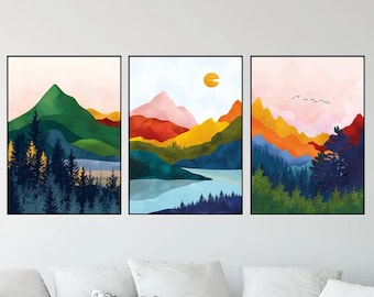 Set of 3 Vibrant Mountains scandinavian colorful abstract art set of 3 prints, Modern Nordic poster Gallery home decor large wall art prints