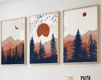 Conjunto de 3 impressões de galeria de arte de parede de montanha. Pôster de paisagem minimalista abstrata em terracota azul-escuro, moderno de meados do século para sala de estar.