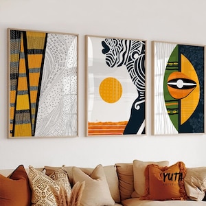 Afroamerikanisches Kunst-Set mit 3 Drucken. Moderne afrozentrische abstrakte Kunst. Schwarze Frau Druck, afroamerikanische Wandkunst für Wohnzimmer