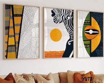 African American Art Set of 3 Prints. Modern Afrocentric Abstract Art. Black woman print, african american wall art for living room