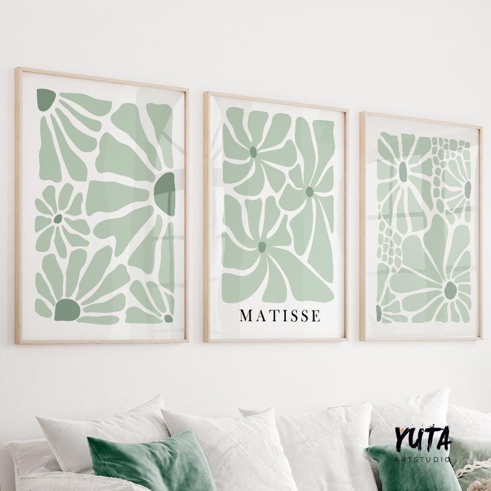 Neutral Sage Green Matisse Flower Set of 3 Print. Minimalist Floral Mid Century Gallery Wall Set, Vintage Trendy Apartment Wall Art Prints