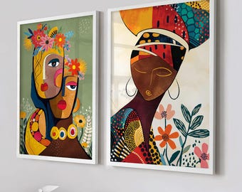 Set of 2 Modern African American Art Print. Bright Black woman portrait. African Tribal Girl face Wall Art. Abstract Minimalist Posters