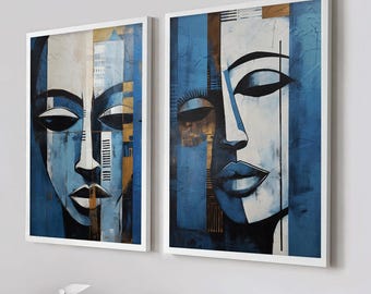 Set van 2 marineblauwe Afro-Amerikaanse kunstafdrukken, portret zwarte vrouw, abstracte minimalistische moderne muurkunst voor esthetische kamerinrichting