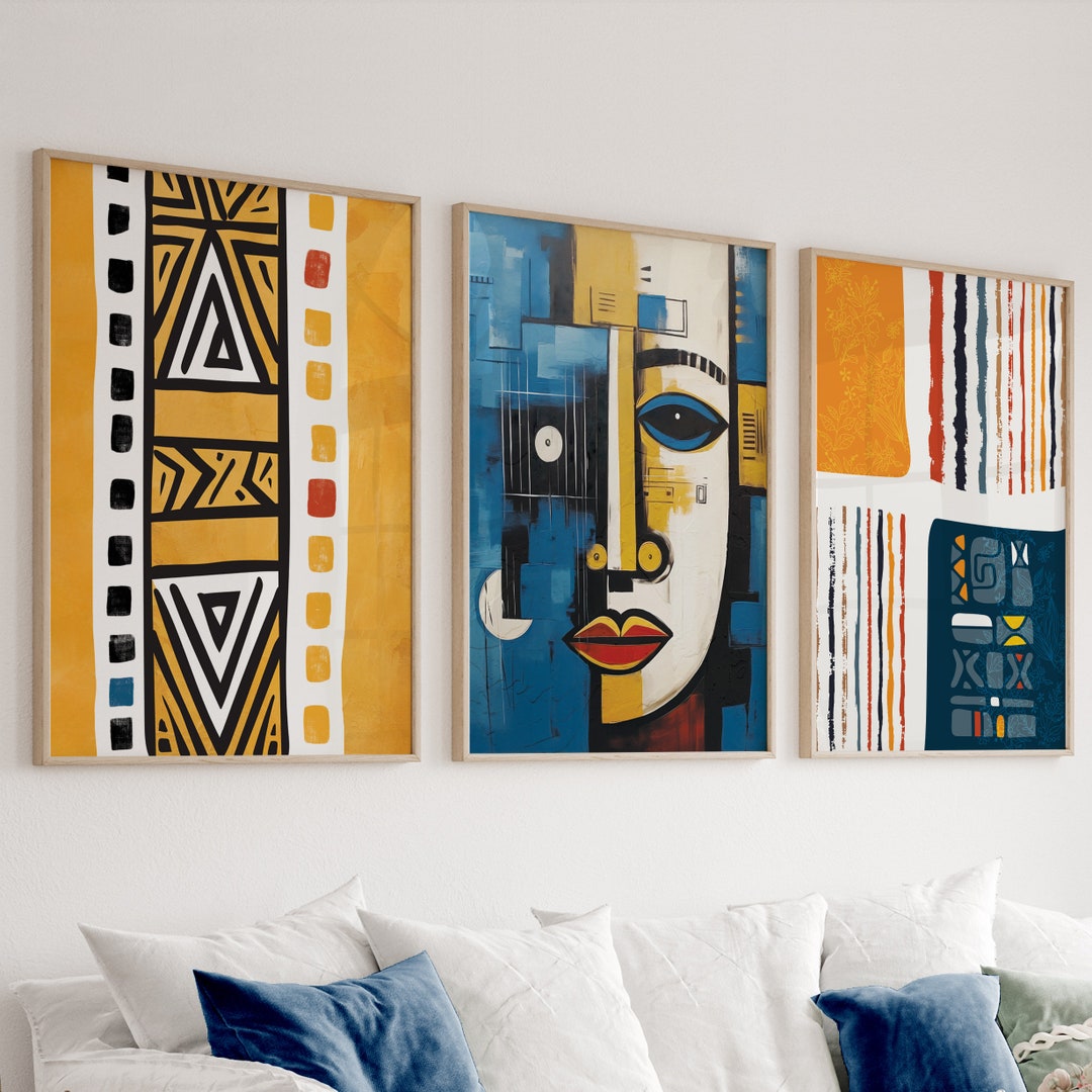 Navy Blue Yellow African American Art Set of 3 Print. Abstract Africa ...