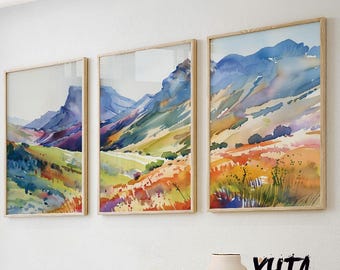 Bunter Berg Wand-Kunst-Druck 3er-Set, minimalistische Landschaftsposter, abstrakte Natur, Galeriewandset