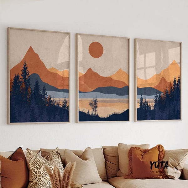 Conjunto de 3 impressões de montanha brilhantes – pôster de paisagem moderna de meados do século, arte de parede minimalista de montanha em azul-marinho terracota, decoração com vista para o pôr do sol na floresta