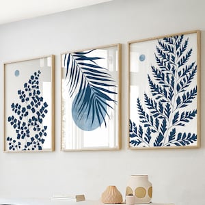 Navy Blue Abstract Botanical Print Set: Mid-Century Modern Gallery Wall Art