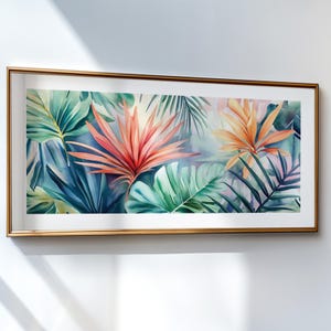 Puede incluir: Una pintura de acuarela enmarcada de follaje tropical en tonos de verde, rosa y naranja. Las hojas están dispuestas en un patrón superpuesto, creando una sensación de profundidad y movimiento.