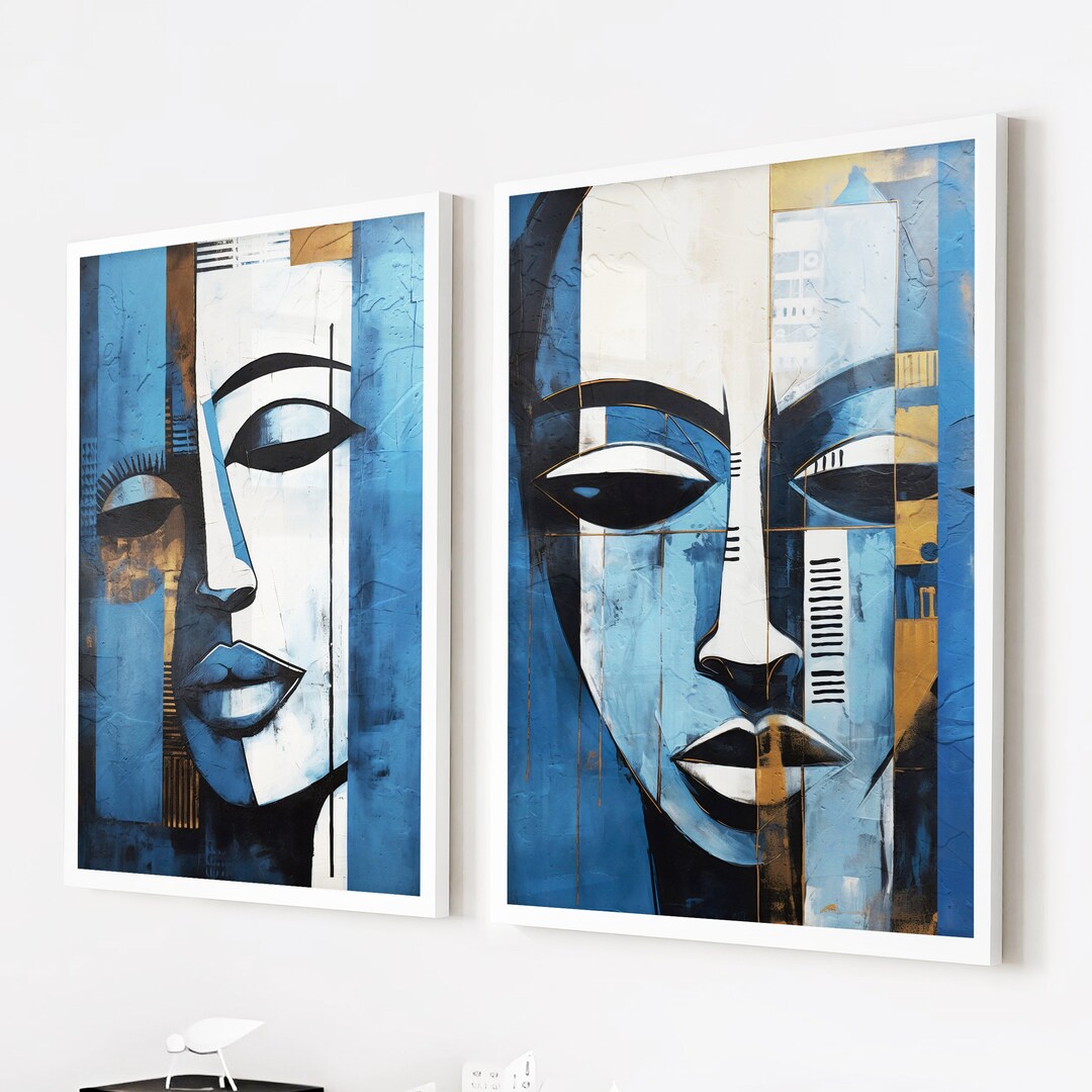 Set of 2 Navy Blue Modern African American Art Print. Black Woman
