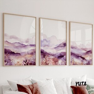 Purple minimalist mountain set of 3 print. Modern watercolor landscape gallery wall set.  Nature 3 piece wall art, lilac wall art