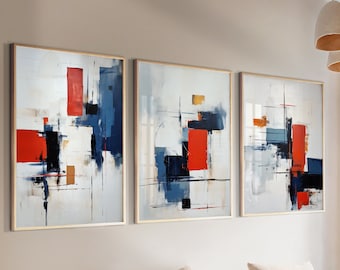 Minimalist red blue abstract art gallery wall set of 3 prints. Modern above bed decor, room decor aesthetic colorful livingroom posters