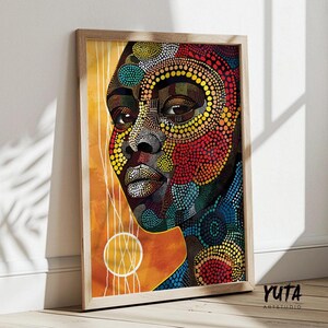 Moderne abstracte Afrikaanse kunst. Zwarte feministische kunst, Afrikaanse muurkunst boven bed, etnisch appartementdecor. Levendig portret van een zwart meisje