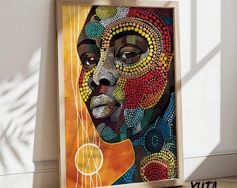 Retrato de mujer africana para pared, estampado tribal colorido, decoración de pared afrocéntrica moderna.