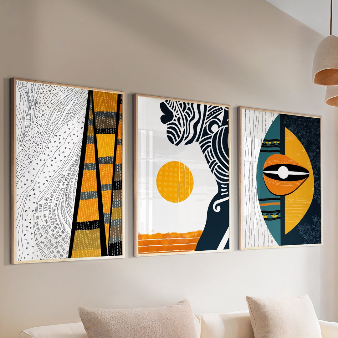 Abstract African Wall Art Set of 3 Prints. Modern African American Art