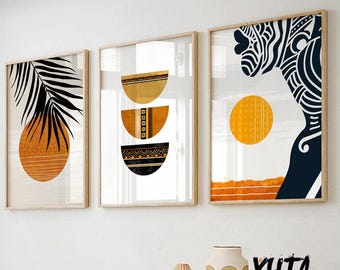Boho Abstract African Wall Art Set of 3, Colorful Black Woman Portraits, Minimalist Ethnic Modern Prints, Tropical Wall Prints