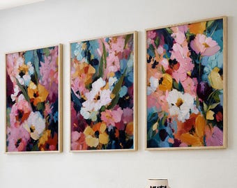 Abstract Floral Triptych Wall Art Set of 3 | Colorful Modern Flower Paintings | Contemporary Botanical Artwork